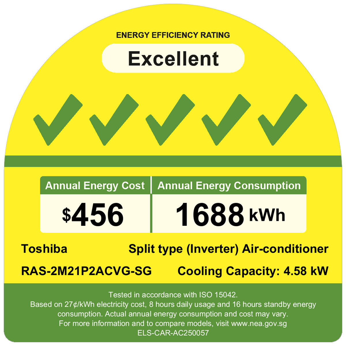 Energy efficiency label: 'Excellent' with five green check marks; Annual cost $456 and consumption 1688 kWh; Toshiba split-type inverter air-conditioner, cooling capacity 4.58 kW.
