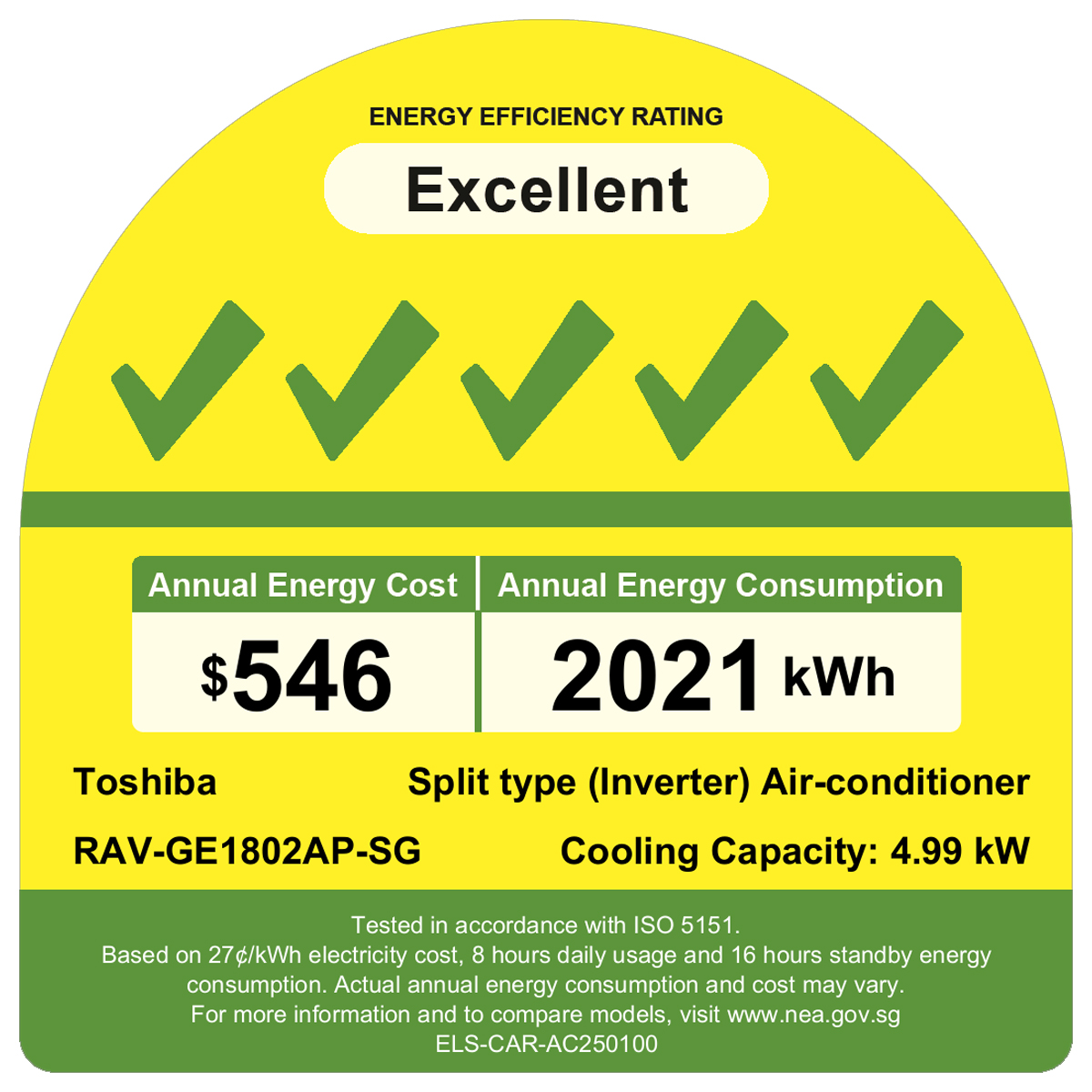 Circular yellow energy label with 'Excellent' rating, five green checkmarks, and device details: Toshiba RAV-GE1802AP-SG split-type inverter air-conditioner, cooling capacity 4.99 kW; annual energy cost $546 and consumption 2021 kWh.