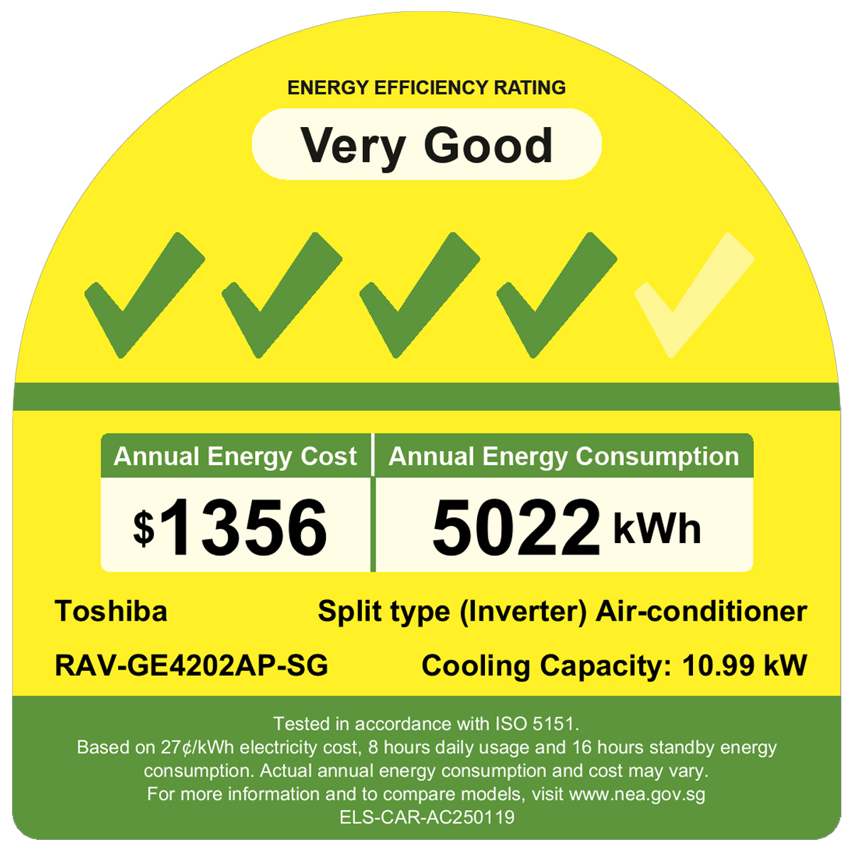 Energy efficiency label: Very Good for Toshiba split‑type inverter AC; annual cost $1,356, 5,022 kWh.