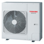 Toshiba outdoor air conditioner condenser with a large circular fan grille and red Toshiba logo.