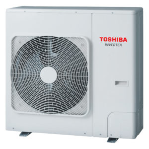 Toshiba outdoor air conditioner condenser with a large circular fan grille and red Toshiba logo.